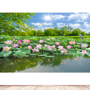 荷花荷池山水风景画九鱼客厅沙发背景墙贴壁画电视墙影视佛堂装饰