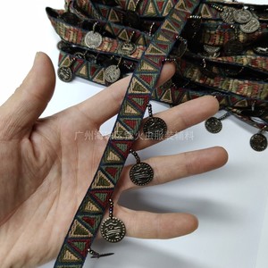 手工铜币吊片民族风织带三角形图案提花多色刺绣花边苗服傣服辅料