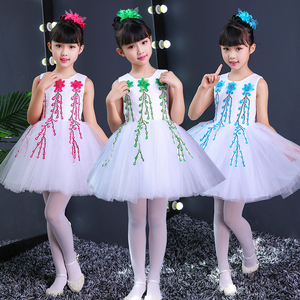 新款六一儿童舞蹈表演服装 幼儿园小学生舞台蓬蓬纱裙公主裙白色