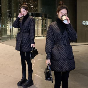 黑色菱格棉服女2023新款冬季小个子韩国设计款高端羽绒棉棉衣外套