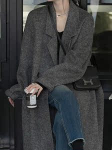 灰色双面羊绒大衣女中长款2023秋冬韩版宽松高级感小个子毛呢外套