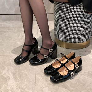 法式玛丽珍鞋女高跟2024年春季新款黑色漆皮方头水钻扣带粗跟单鞋