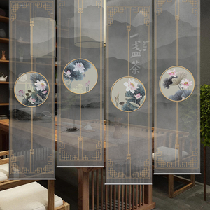 新中式挂帘屏风软隔断拉帘玄关客厅升降遮光印花茶室窗帘卷帘子
