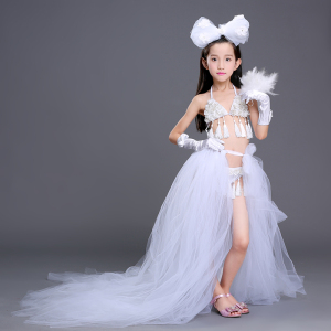 泳装女童走秀白色比基尼比赛走秀礼服儿童拖尾流苏镶钻创意泳装