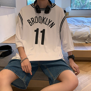 假两件vibe风短袖t恤vintage棒球衫五分袖男夏季篮球服情侣体恤衫