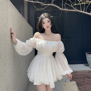 一字肩长袖高腰显瘦蓬蓬连衣裙女2024年夏季新款气质白色公主裙子