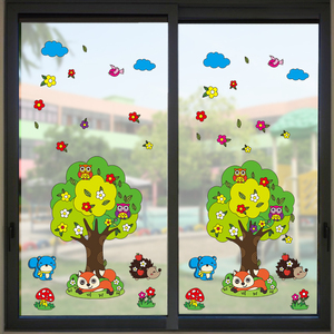 幼儿园推拉窗户贴画卡通玻璃门贴纸装饰窗花贴窗贴布置双面小图案