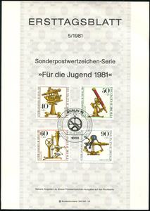 5447：柏林1981年天文望远镜显微镜古老光学仪器纪念卡外国邮票BE