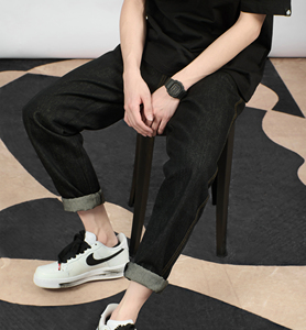 sarmycrew搭配球鞋的裤子男黑色直筒宽松复古高街ins潮水洗牛仔裤