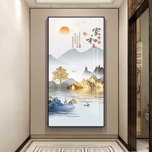 新中式玄关装饰画竖版山水风景入户进门壁画过道走廊尽头玄关挂画