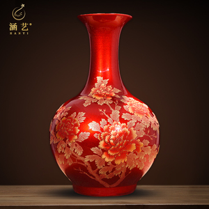 景德镇陶瓷器牡丹花瓶仿古中式客厅电视柜插花装饰品家居瓷瓶摆件
