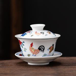 陶瓷盖碗斗彩鸡功夫茶具家用大号三才茶碗单个德化白瓷茶杯泡茶器