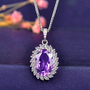 紫水晶吊坠纯天然紫水晶项链吊坠纯银女紫色宝石原石高档大气百搭