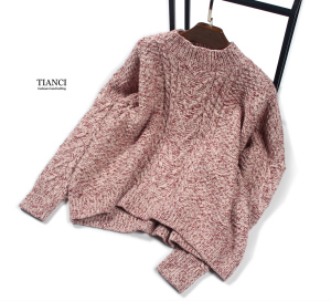 纯手工编织山羊绒宽松套衫女士毛衣粉色花线显瘦大毛衣