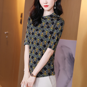 桑蚕丝中袖半高领t恤女高级感设计感小众洋气小衫打底衫印花上衣