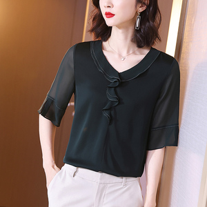 真丝短袖小衫女桑蚕丝t恤妈妈2021设计感小众飘带纯色夏上衣新款