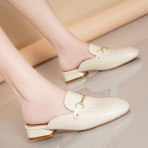 正品百丽 菲比真皮拖鞋女包头2021夏季新款女鞋外穿凉拖粗跟凉鞋