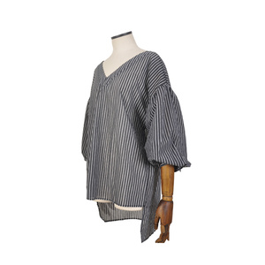 宽松条纹缩袖褶皱v字领宽领口梭织时尚休闲衬衣袖套头衫上衣t恤