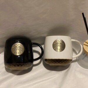 星巴克杯子马克杯情侣款黑白铜章牌复古美人鱼陶瓷咖啡杯带杯盖勺