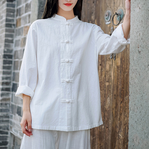 中国风棉麻女装对襟盘扣上衣女长袖立领中式唐装复古衬衫太极服夏