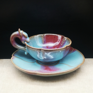 宋钧窑茶杯一点红龙吟杯古董茶具收藏单杯品茗杯带底座古玩老物件