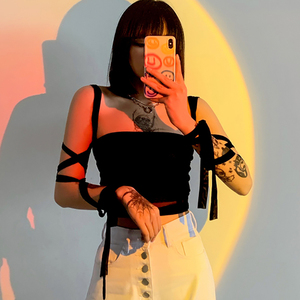 sisjuly#新品 设计感禁欲系少女绑带修身小吊带女 百搭露脐背心