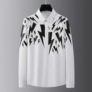 设计感 欧美风经典潮款衬衣 黑白撞色闪电印花 微弹棉修身男衬衫