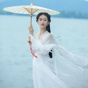 原创汉服女改良夏款白色古装中国风齐腰襦裙超仙气古风飘逸演出服