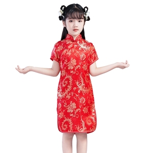 中国风女童夏季旗袍复古织锦缎中式改良连衣裙小女孩节日演出服