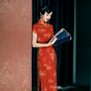 静姝 民国少女旗袍柿子红色雪纺印花手工全盘扣开襟无省修身平裁