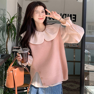 粉色娃娃领衬衫加马甲两件套女设计感小众上衣衬衣小个子2022春款