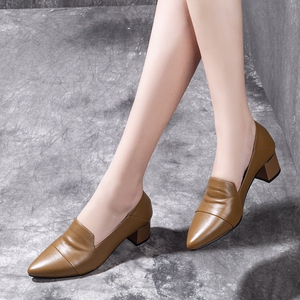 2021年春秋季新款单鞋尖头休闲百搭粗跟软底软面中跟真皮工作女鞋