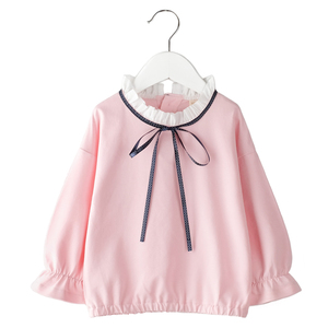 女童打底衫 秋季 儿童女宝公主粉色纯棉立领长袖喇叭袖娃娃衫上衣
