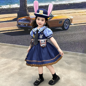 儿童迪士尼cos服朱迪兔子警官娃娃领短袖新款女童洛丽塔公主裙