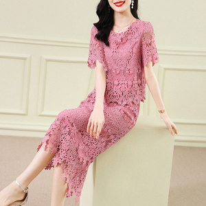 夏季新款高级感粉色重工刺绣镂空蕾丝小衫半身裙二件套装裙连衣裙