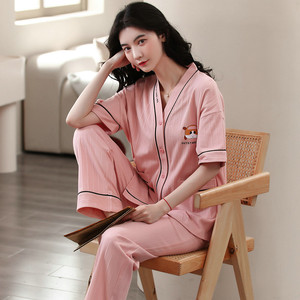 女士睡衣春夏季v领开扣纯棉短袖长裤家居服女加大码半袖两件套装