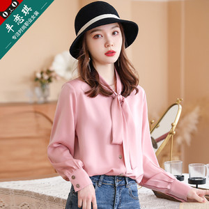 粉色减龄蝴蝶结飘带衬衫女春季雪纺上衣高级感气质职业衬衣套装春