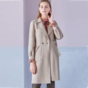 2020秋冬新款女可路莎双面呢复古千鸟格羊毛呢子大衣中长款c98913