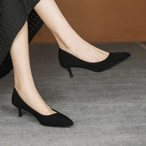 真皮黑色高跟鞋女细跟尖头3公分5cm职业软皮办公室7cm面试工作鞋