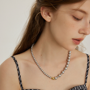 aviho 法式时髦休闲银色珍珠项链高级感贝珠磁吸金扣真多麻灰锁骨