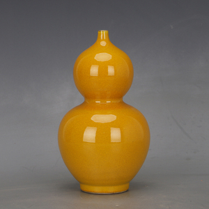 大清 乾隆年宝石冰片黄釉描金葫芦瓶 仿古瓷器老货收藏旧货摆件