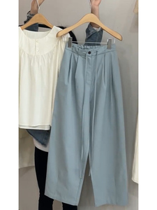 [现货]高级感浅蓝色阔腿裤系带韩国薄款直筒西装裤子女小个子夏季