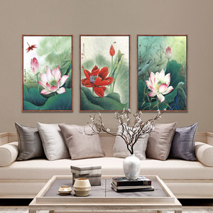 明清古典荷花图现代新中式装饰画客厅玄关书房沙发背景墙三联挂画