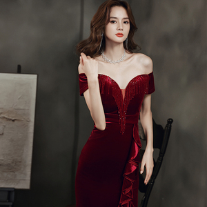 抹胸晚礼服女绒敬酒服回门服主持人丝修身性感连衣裙开叉宴会长裙