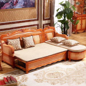 印尼进口藤沙发藤编家具客厅实木沙发床伸缩折叠藤制家具两用组合