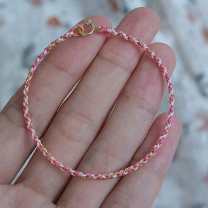 三色四股辫平安结手绳可穿珠diy材料简约细款手链14k包金扣不掉色
