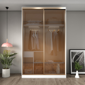 定制轻奢茶色玻璃推拉门衣柜带灯卧室现代简约实木多层板衣橱移门