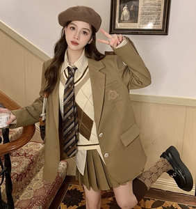 英伦学院风西装套装学生校园jk制服衬衫针织马甲v领百褶裙三件套