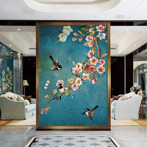 定制现代中式手绘花鸟背景墙壁纸 喜上眉梢玄关走道屏风墙布壁画
