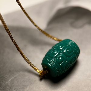 原矿玉化蓝绿松石老油绿地狱色锁骨链高瓷回纹桶珠24k金项链配珠